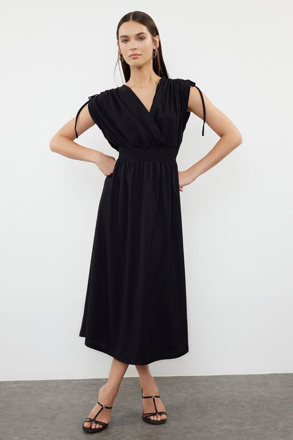 Trendyol Trendyol Black Plain Zero Sleeve Double Breasted Skater/Waist Opening Gathered Flexible Midi Dress Knit