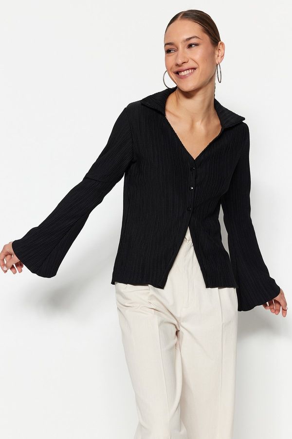 Trendyol Trendyol Black Pleated and Buttoned Flare/Spanish Sleeve Knitted Shirt
