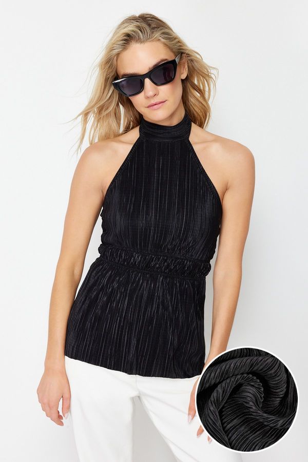 Trendyol Trendyol Black Pleated Fitted/Body-Fitted Halter Neck Knitted Blouse