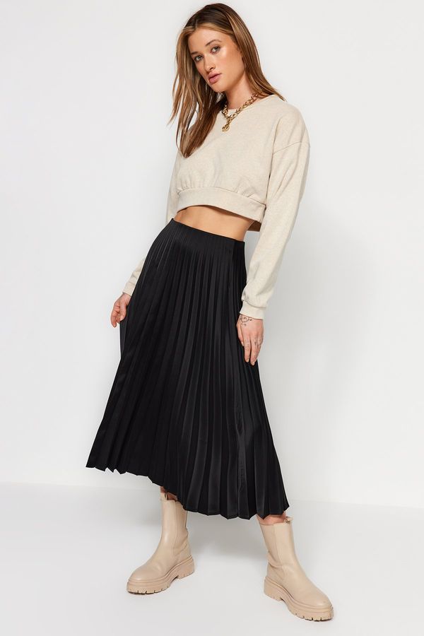 Trendyol Trendyol Black Pleated Satin Midi Woven Skirt