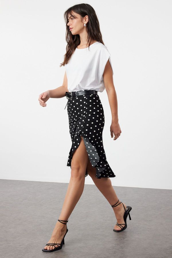 Trendyol Trendyol Black Polka Dot Ruffled Slit Flexible Midi Knitted Skirt