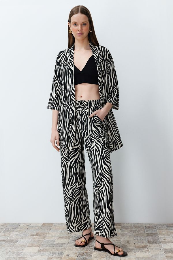 Trendyol Trendyol Black Printed Comfortable Cut Flexible Kimono Knitted Bottom-Top Set