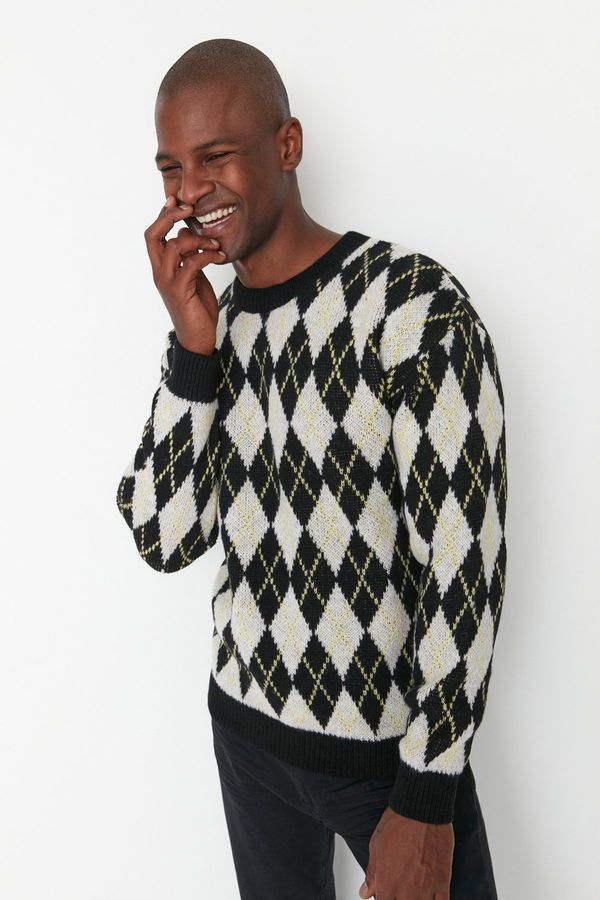 Trendyol Trendyol Black Regular Fit Crew Neck Diamond Patterned Knitwear Sweater