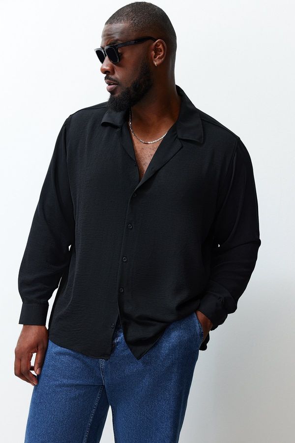 Trendyol Trendyol Black Regular Fit Fit Wide Collar Summer Linen Look Plus Size Shirt