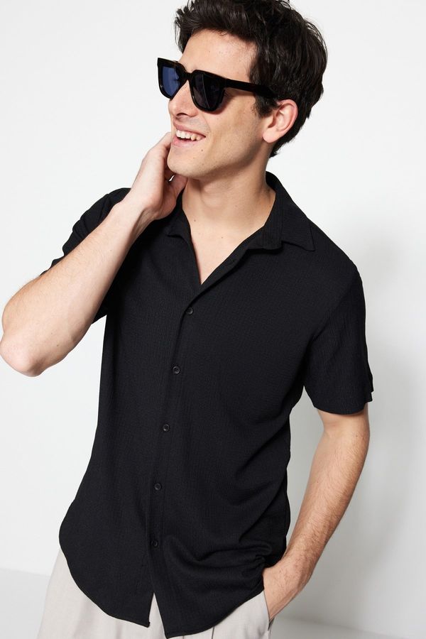 Trendyol Trendyol Black Regular Fit Short Sleeve Summer Textured Knitted Shirt