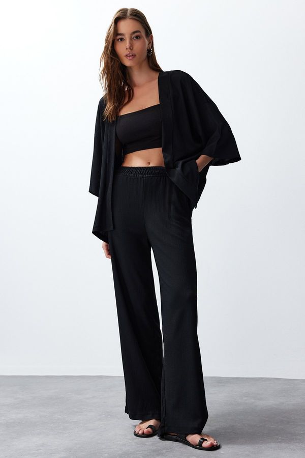 Trendyol Trendyol Black Relaxed/Comfortable Cut Kimono Knitted Top and Bottom Set