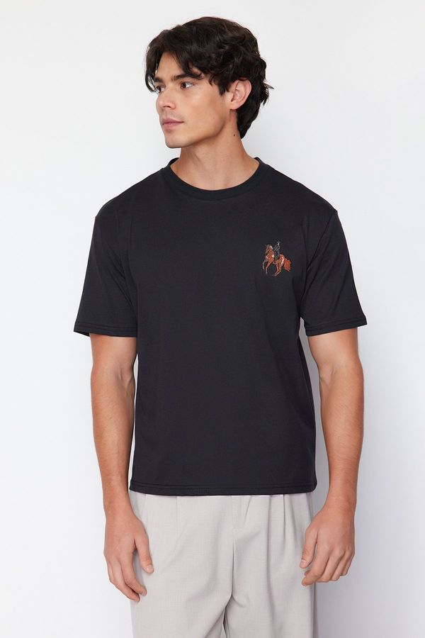 Trendyol Trendyol Black Relaxed/Comfortable Fit Horse/Animal Embroidered Short Sleeve 100% Cotton T-Shirt