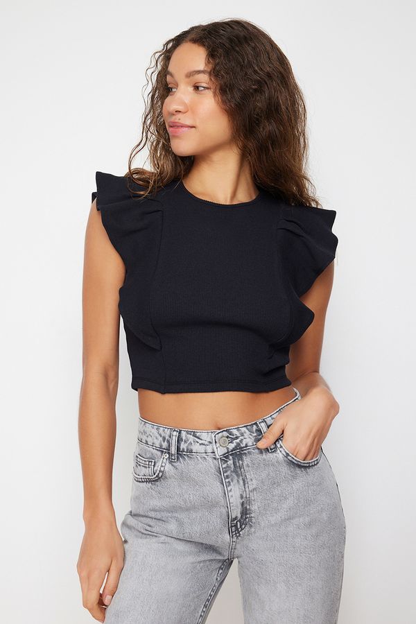 Trendyol Trendyol Black Ribbed Flexible Crop Knitted Blouse With Frilly Sleeves