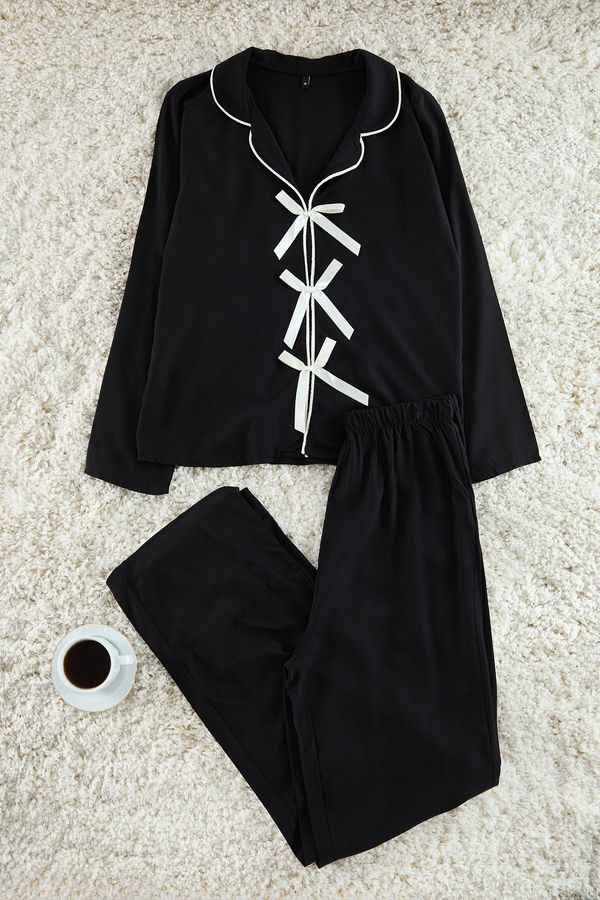 Trendyol Trendyol Black Ribbon/Bow and Piping Detailed Viscose Woven Pajama Set