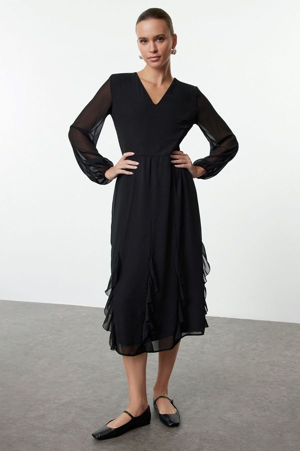 Trendyol Trendyol Black Ruffled Chiffon Midi Woven Dress