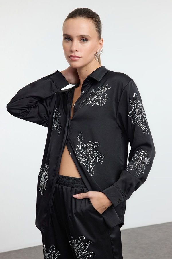 Trendyol Trendyol Black Shiny Stone Printed Satin Woven Shirt