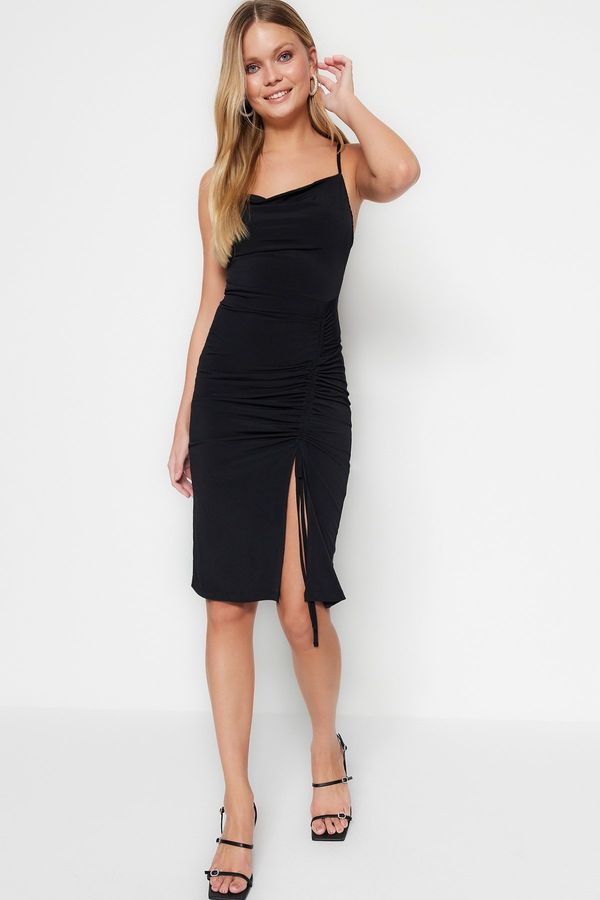 Trendyol Trendyol Black Shirred Detail, Fitted Midi Dress With a Plunging Collar, Flexible Knitted