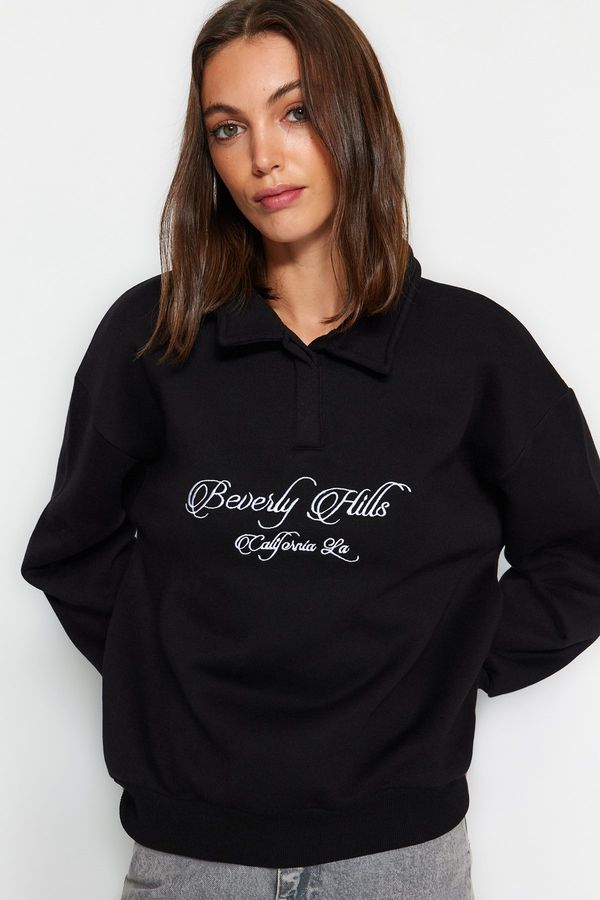 Trendyol Trendyol Black Shirt Collar Regular Fit With Embroidery Fleece Inside Knitted Sweatshirt