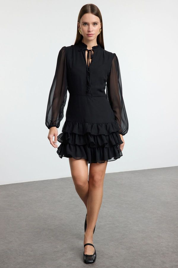 Trendyol Trendyol Black Skirt Opening at Waist Stand Collar Chiffon Lined Woven Winter Dress