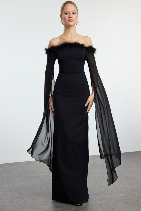 Trendyol Trendyol Black Sleeve Detailed Otrish Woven Long Night Evening Dress