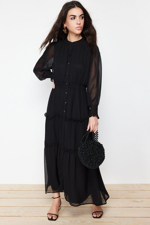 Trendyol Trendyol Black Sleeves and Waist Gipe Detailed Lined Chiffon Woven Shirt Dress
