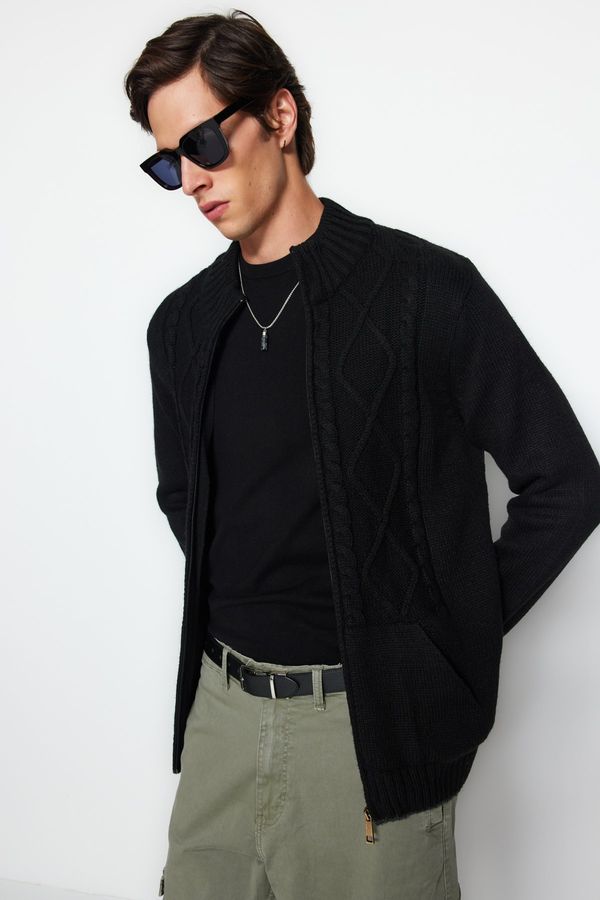 Trendyol Trendyol Black Slim Fit Knit Detailed Zippered Pocket Knitwear Cardigan