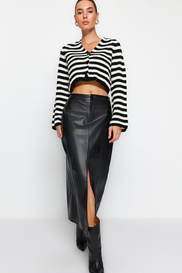 Trendyol Trendyol Black Slit Faux Leather High Waist Maxi Knitted Skirt
