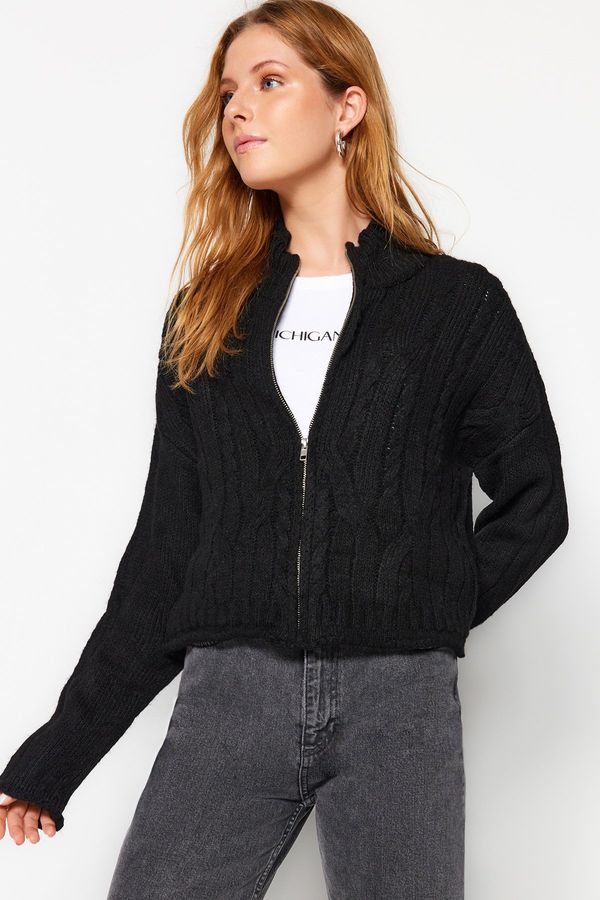 Trendyol Trendyol Black Soft-textured Sweater Cardigan with Zipper and Braids