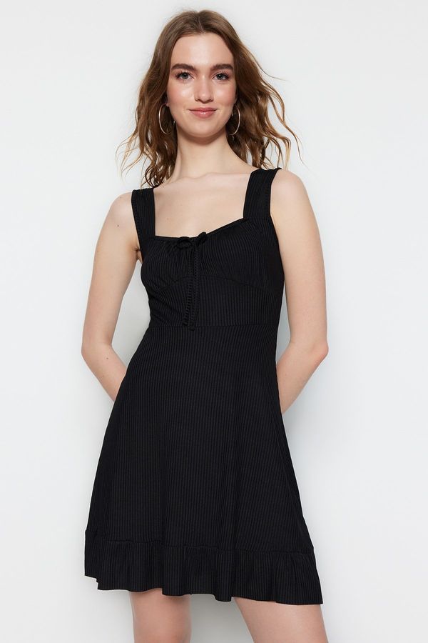 Trendyol Trendyol Black Square Neck Flounce A-Line Mini Knitted Dress