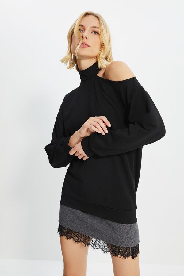 Trendyol Trendyol Black Stand Up Collar Shoulder Detailed Basic Knitted Sweatshirt