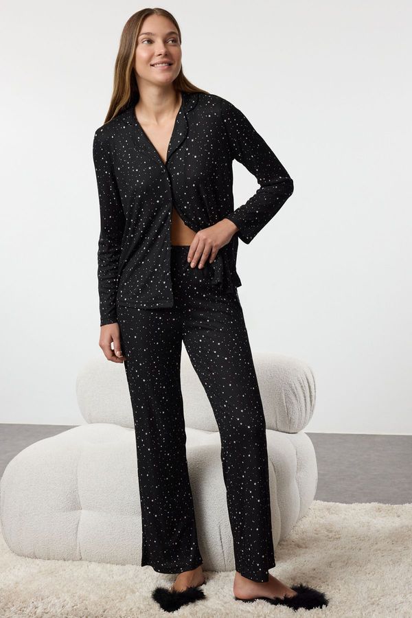 Trendyol Trendyol Black Star Patterned Ribbed Knitted Pajama Set