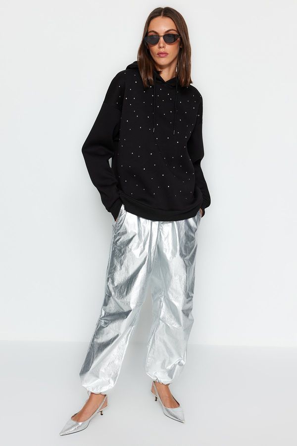 Trendyol Trendyol Black Stones Print Oversize/Wide Fit Knitted Sweatshirt with Fleece Fleece