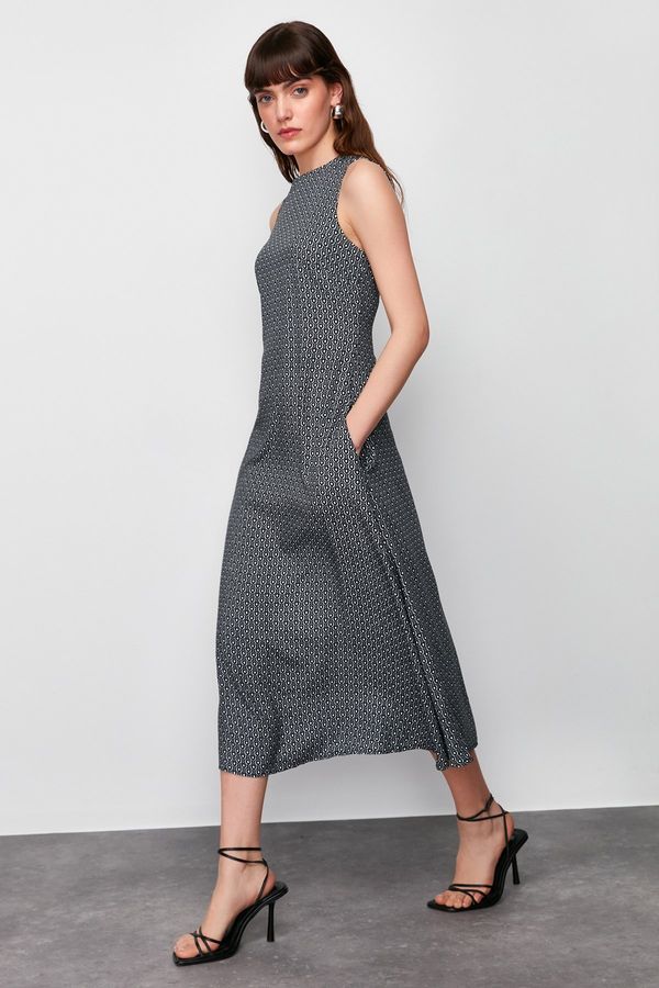 Trendyol Trendyol Black Straight Cut Geometric Patterned Woven Midi Dress