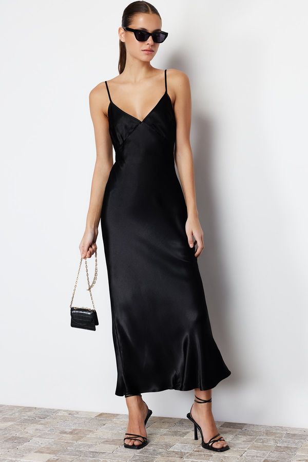 Trendyol Trendyol Black Straight Cut Satin Strappy Maxi Woven Dress