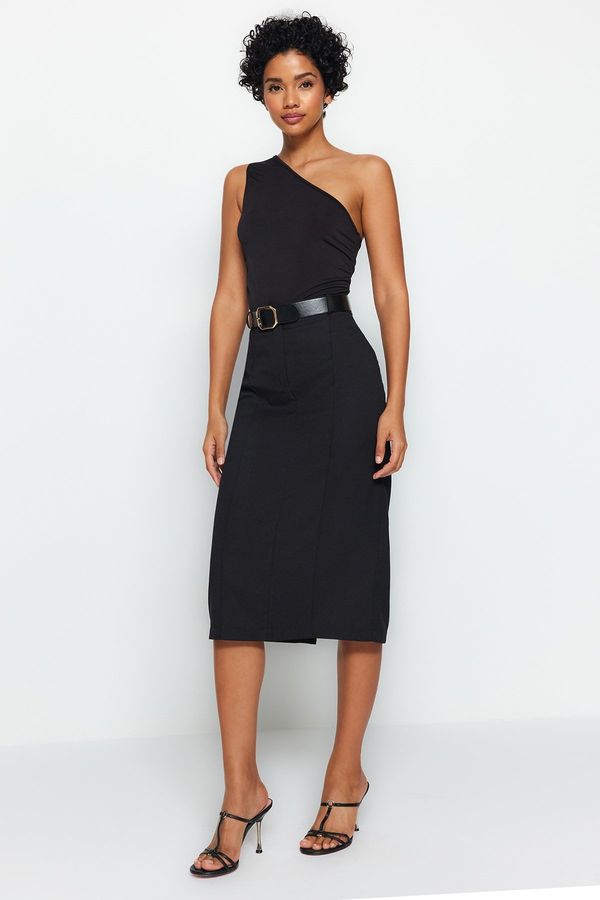 Trendyol Trendyol Black Straight Cut Slit Detailed Midi Woven Skirt