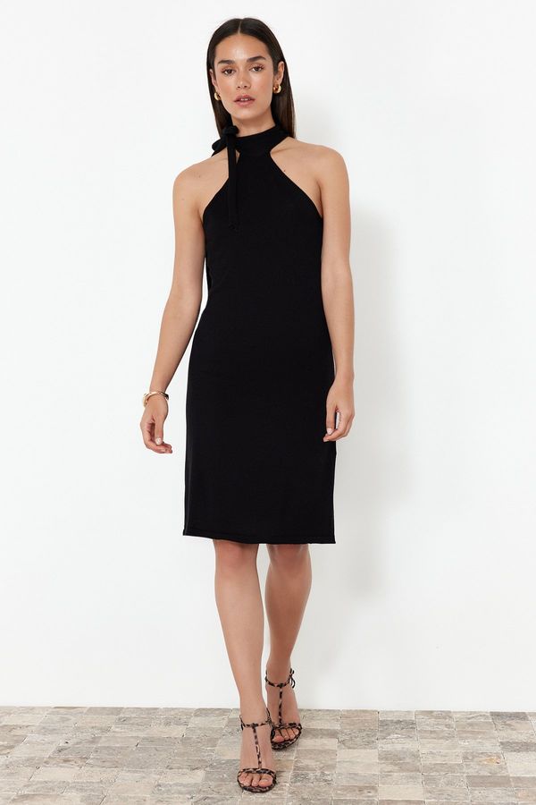 Trendyol Trendyol Black Straight Knitted Dress with Tie Detail