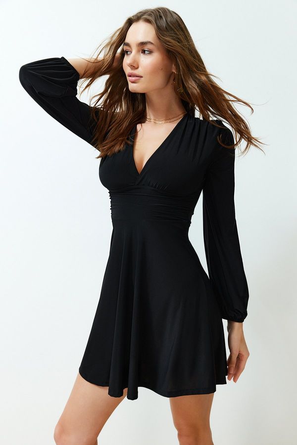 Trendyol Trendyol Black Straight Skater V Neck Skater/Waist Open Sandy Midi Dress