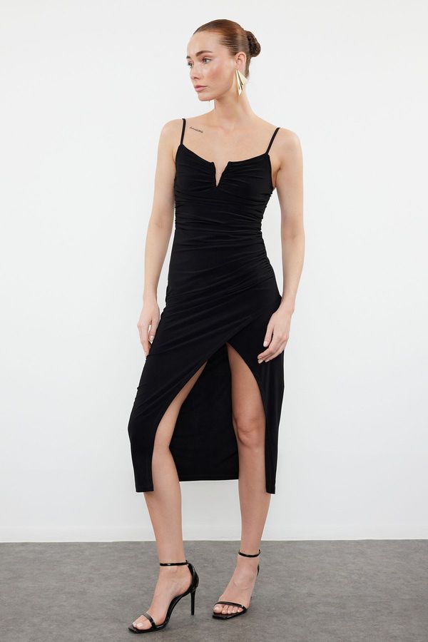 Trendyol Trendyol Black Strap Slit Gathered Cutout V-Neck Detailed Flexible Knitted Midi Pencil Dress