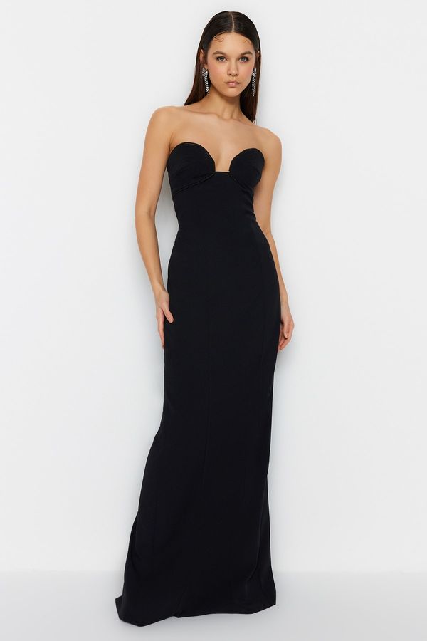 Trendyol Trendyol Black Strapless and Chest Detailed Long Evening Evening Dress