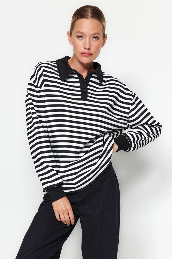 Trendyol Trendyol Black Striped Polo Neck Thick Fleece Oversize Knitted Sweatshirt