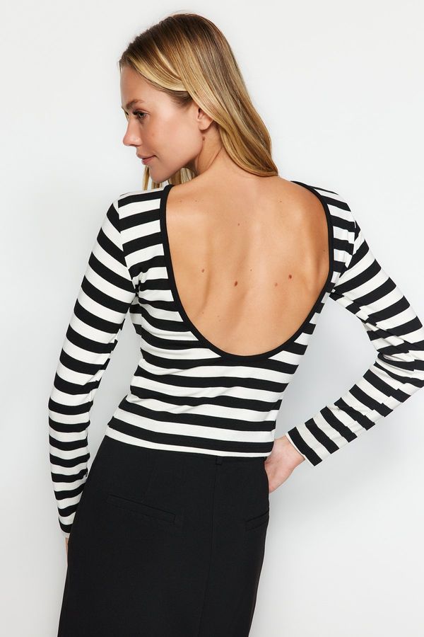 Trendyol Trendyol Black Striped Soft Fabric Striped Open Back Fitted/Slitter Knitted Blouse