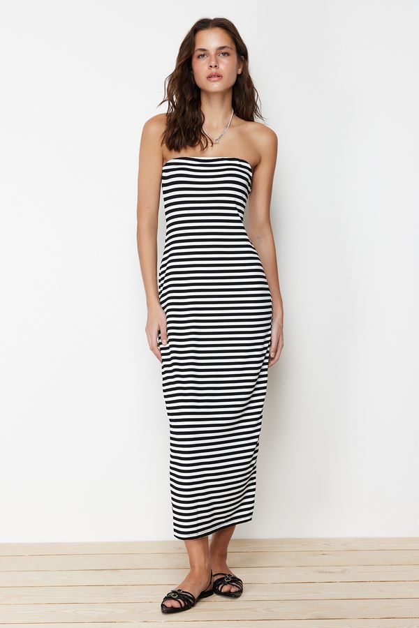Trendyol Trendyol Black Striped Strapless Fitted Flexible Maxi Knitted Pencil Dress