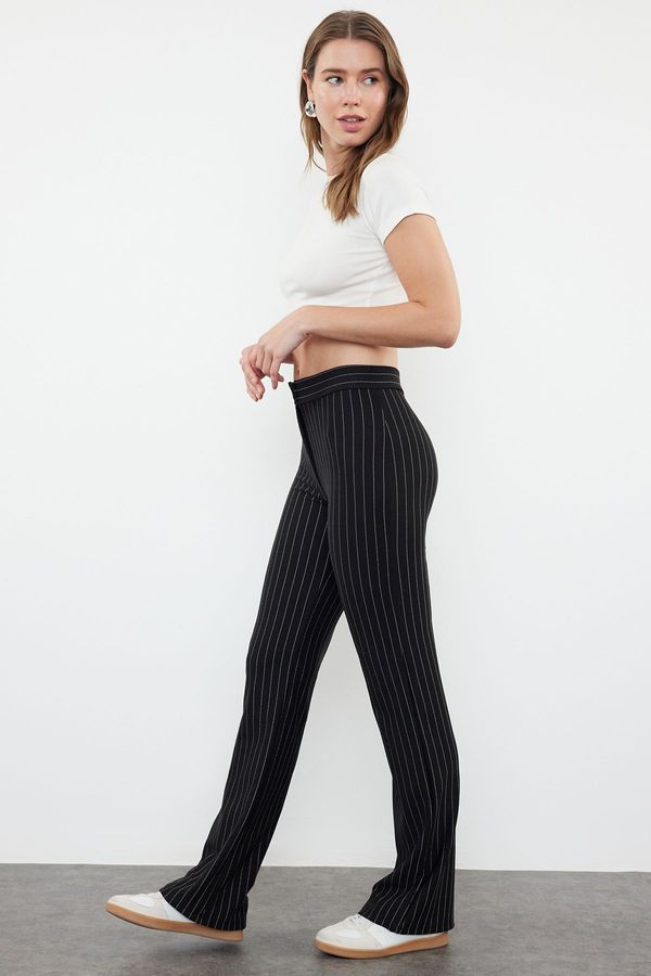 Trendyol Trendyol Black Striped Stretch Waist Flare Leg Knitted Trousers