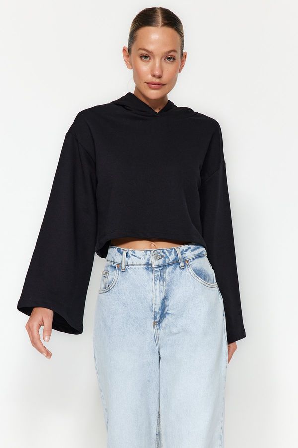 Trendyol Trendyol Black Thick Fleece Comfort Fit Crop Spanish Sleeve Hooded Knitted Sweatshirt