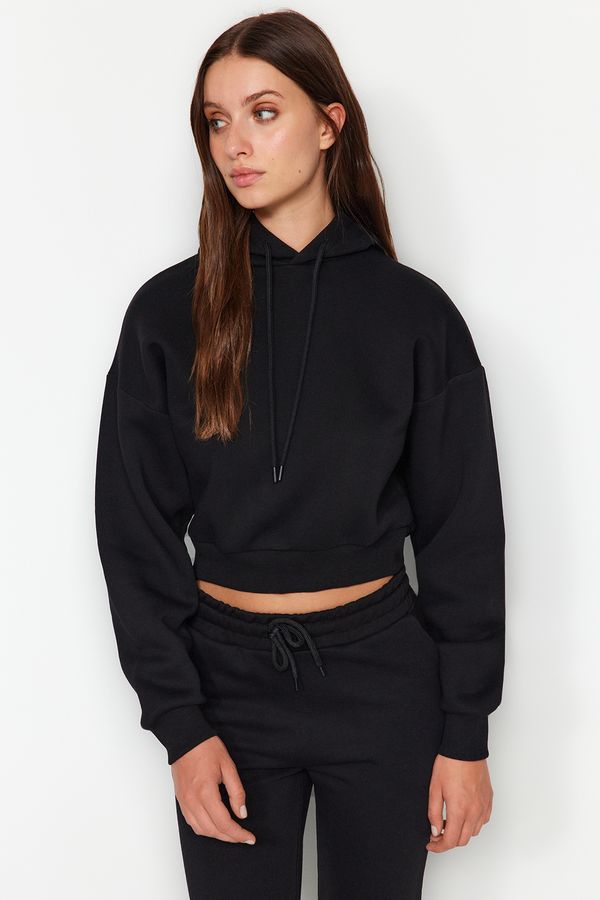Trendyol Trendyol Black Thick Fleece Hooded Comfort Fit Crop Basic Knitted Sweatshirt