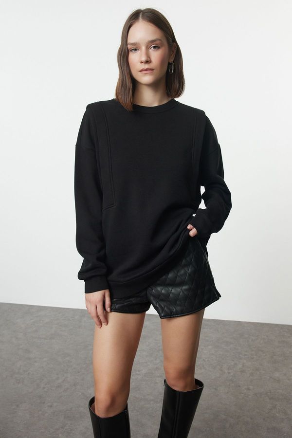 Trendyol Trendyol Black Thick Fleece Inside Relaxed/Comfortable Cut Sleeve Detailed Knitted Sweatshirt