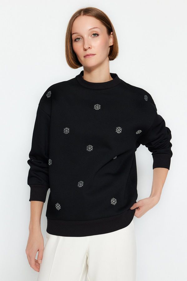 Trendyol Trendyol Black Thick Fleece Inside, Stone Accessory Detail, Regular/Normal Knitted Sweatshirt