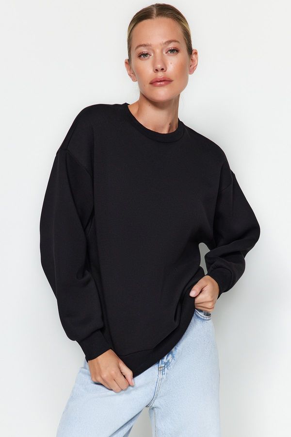 Trendyol Trendyol Black Thick Fleece Regular/Normal Fit Crew Neck Basic Knitted Sweatshirt