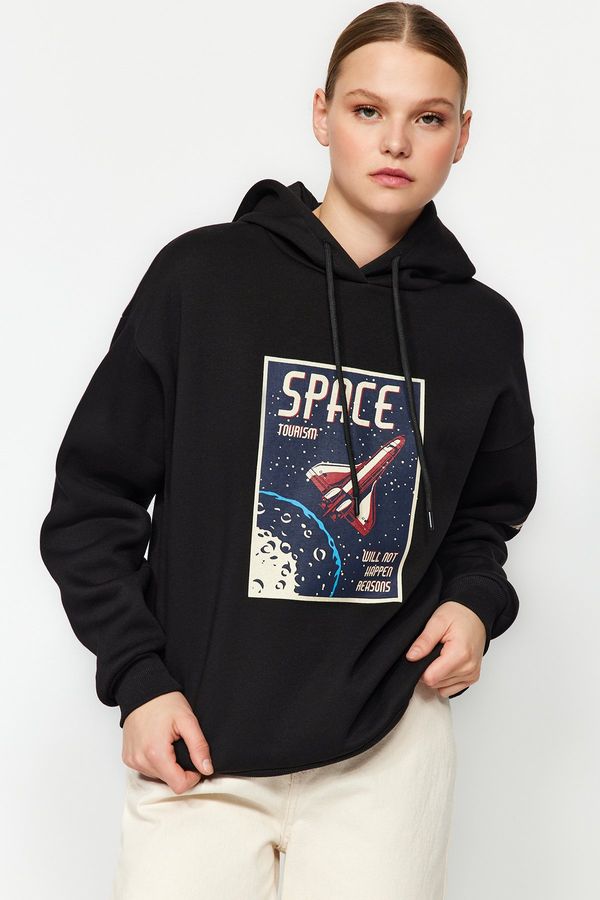 Trendyol Trendyol Black Thick Inside Fleece Space Printed Oversize/Wide Cut Knitted Sweatshirt