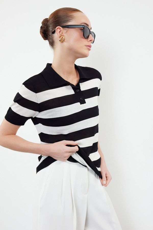 Trendyol Trendyol Black Thin Cold Touch Polo Neck Striped Knitwear Blouse