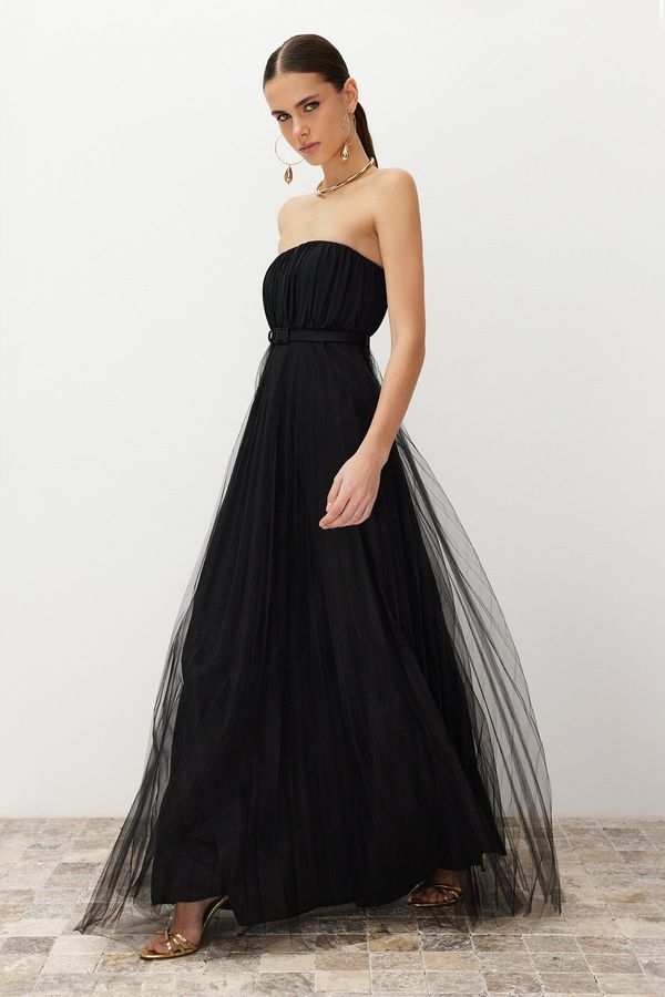 Trendyol Trendyol Black Tulle Knitted Long Elegant Evening Dress