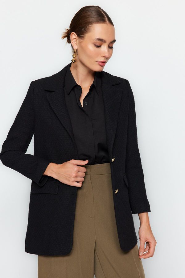 Trendyol Trendyol Black Tweed Regular Lined Woven Blazer Jacket with Metal Buttons