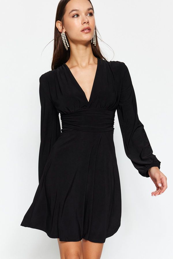Trendyol Trendyol Black V-Neck Knitted Elegant Evening Dress