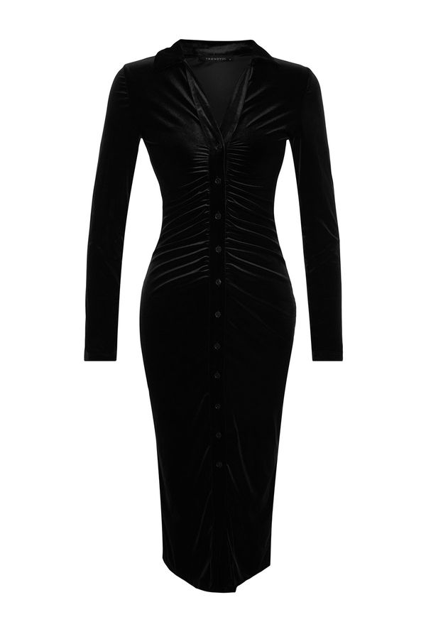 Trendyol Trendyol Black Velvet Fitted/Simple Polo Neck Midi Knitted Dress