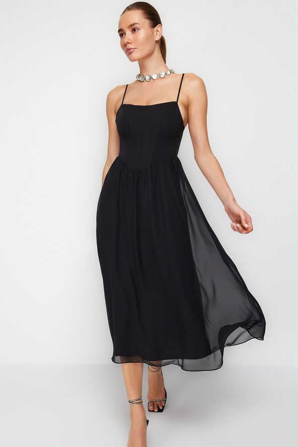 Trendyol Trendyol Black Waist Drop/Skater Lined Corset Detail Tulle Elegant Evening Dress